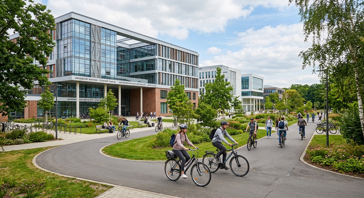 Modern Suedstadt campus of University of Rostock, contemporary glass and steel laboratory buildings, green landscaping, students cycling along pathways