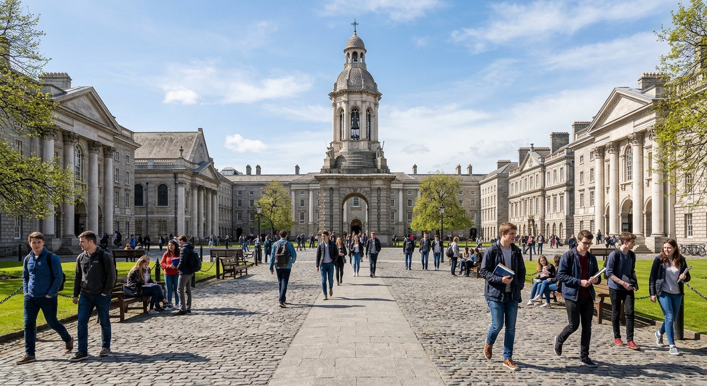Historic Trinity College Dublin campus with cobblestone quadrangle, Georgian architecture, the Campanile bell tower, and students walking through Front Square on a sunny day in Dublin, Ireland