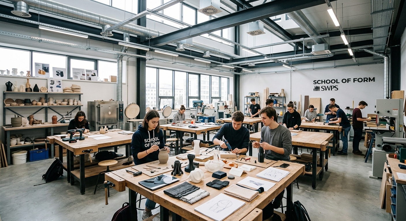 Modern design studio at SWPS University School of Form in Warsaw, students working on product prototypes at large tables, ceramics and woodworking equipment visible, bright industrial space with high ceilings and natural light