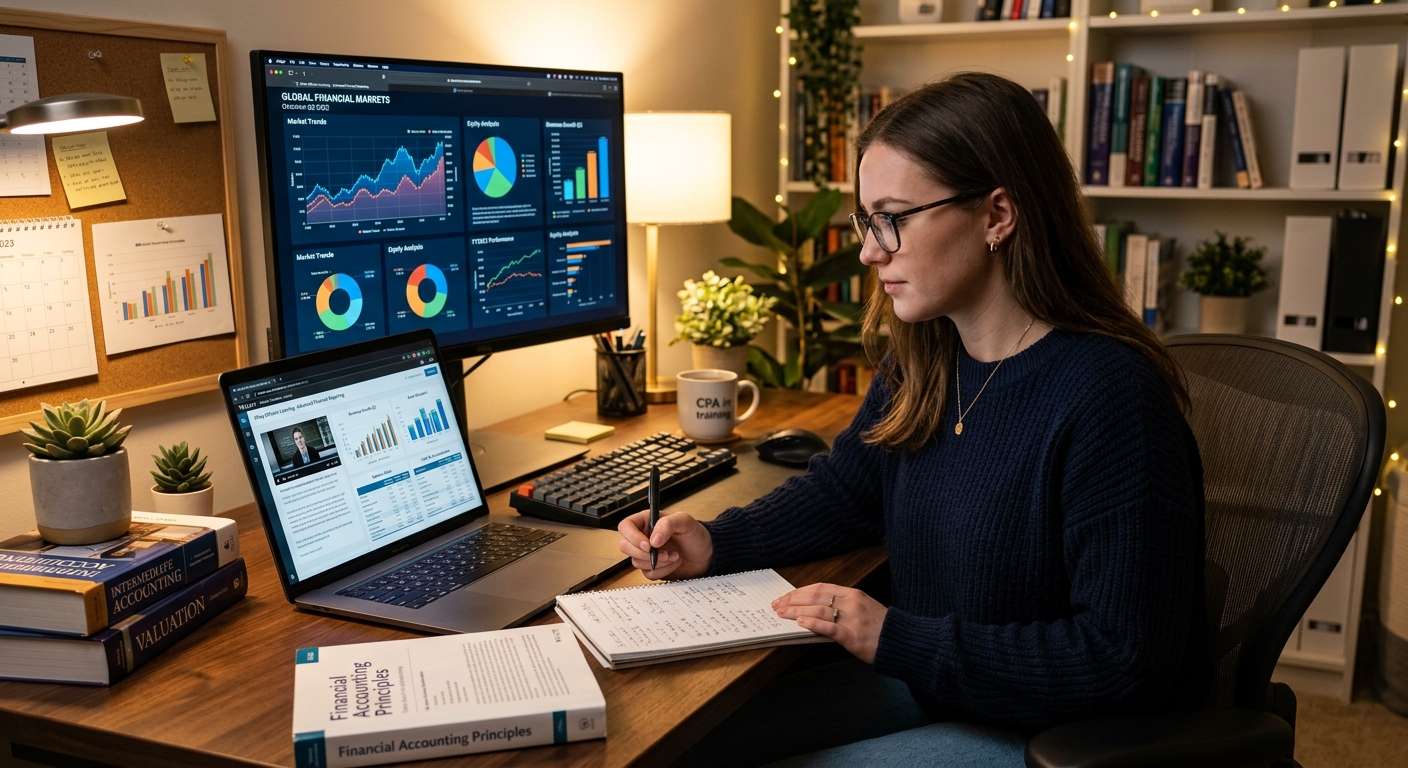 Modern digital workspace with financial charts on screen, accounting professional studying online, laptop with financial data visualizations, warm ambient lighting in a home office setting