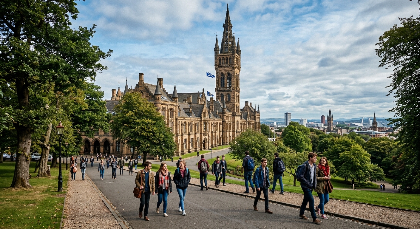 University of Glasgow historic Gothic revival main building with its iconic tower on Gilmorehill campus, students walking along tree-lined pathways, Glasgow cityscape visible in the background under partly cloudy Scottish sky
