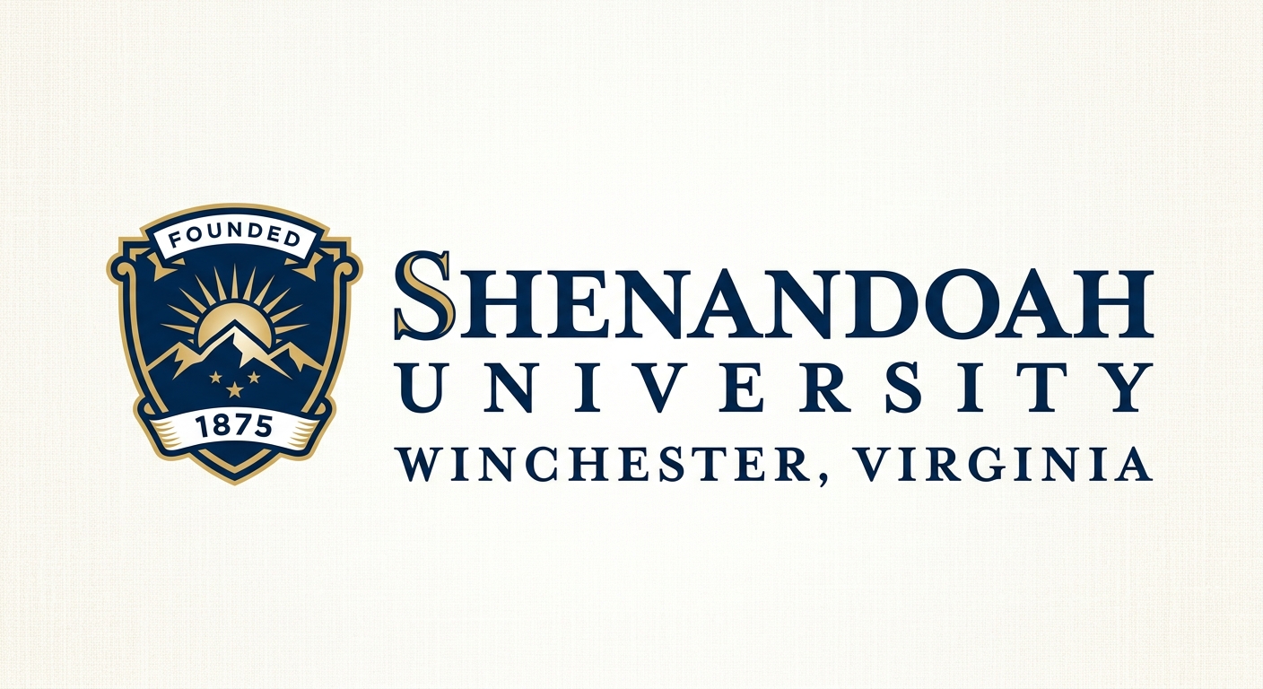 Shenandoah University official logo featuring the university name in serif font with a stylized shield emblem in navy blue and gold