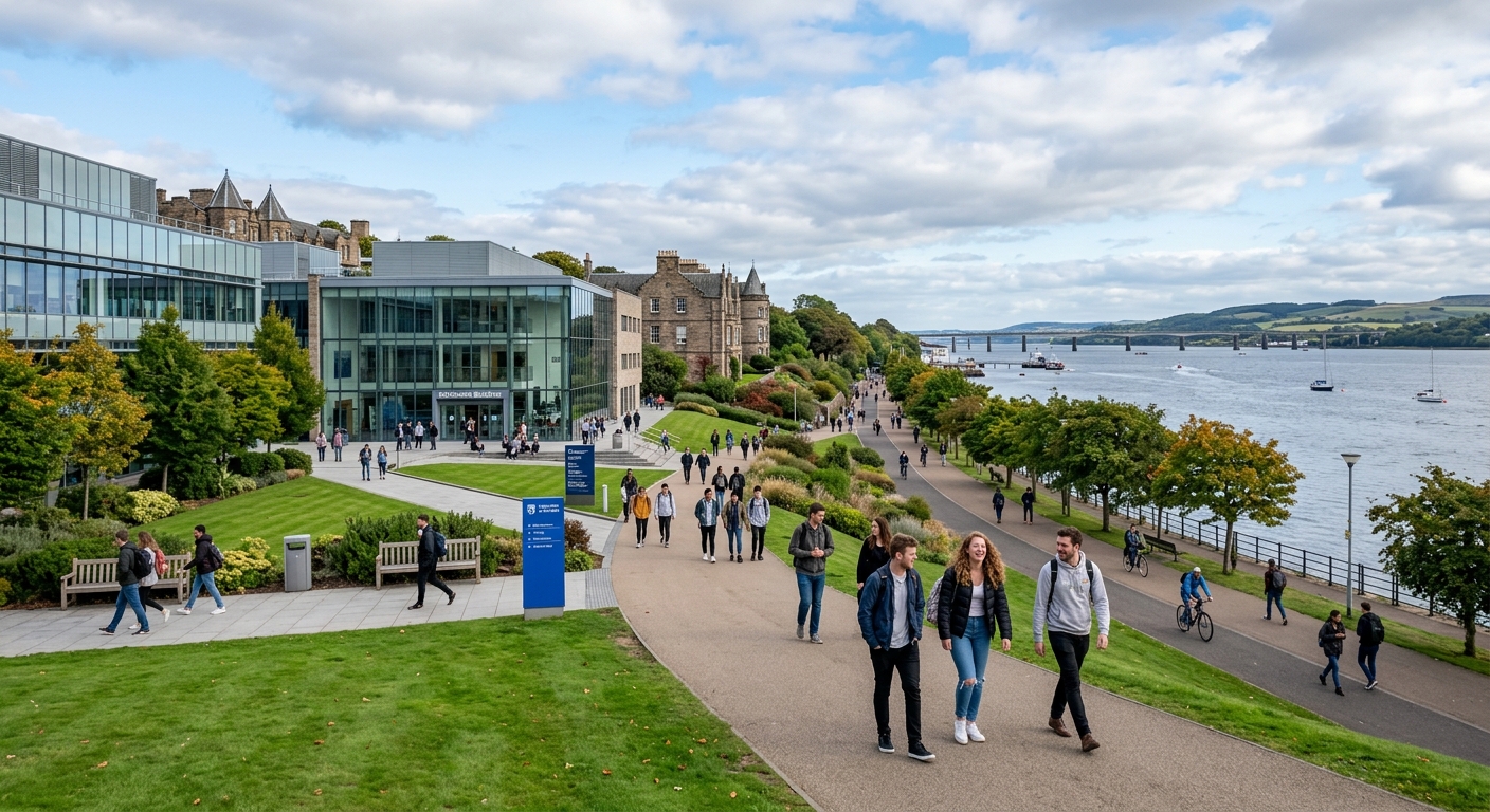 University of Dundee campus with modern academic buildings, students walking along pathways near the River Tay waterfront, green lawns and Scottish architecture under a partly cloudy sky