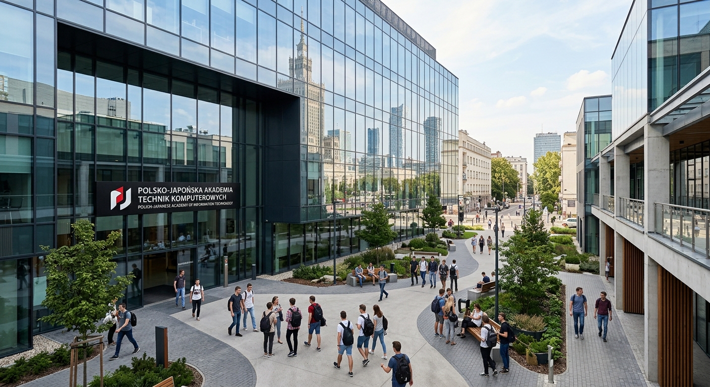 Modern university building on Koszykowa Street in Warsaw, Poland, with students walking through a contemporary campus courtyard, glass facades reflecting city skyline, Polish-Japanese Academy of Information Technology signage visible