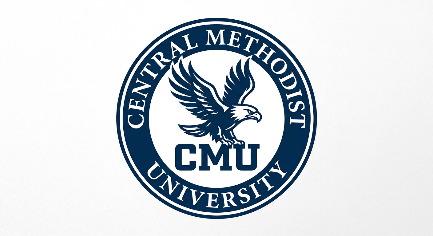 Central Methodist University official logo, eagle emblem with CMU lettering, dark blue and white color scheme