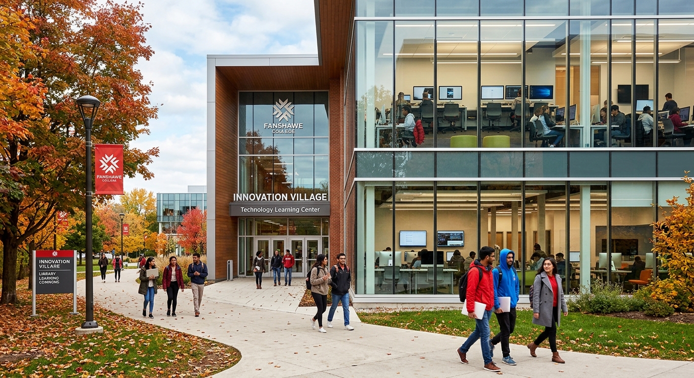 Modern college campus building at Fanshawe College in London Ontario Canada, students walking through a technology-focused learning center with computer labs visible through glass walls, autumn trees lining the pathway