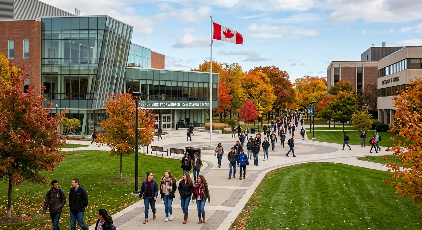 University of Windsor campus in Ontario Canada, modern academic buildings with green lawns, students walking on pathways, Canadian flag visible, autumn trees lining the campus walkway