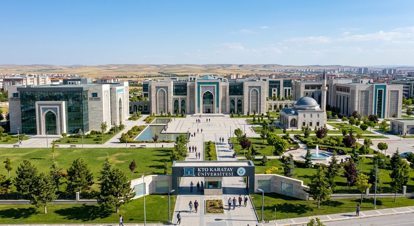 KTO Karatay University main campus wide shot in Karatay district of Konya Turkey, modern university buildings blending contemporary architecture with Seljuk-inspired design elements, green landscaped grounds, clear blue sky, central Anatolian plateau setting