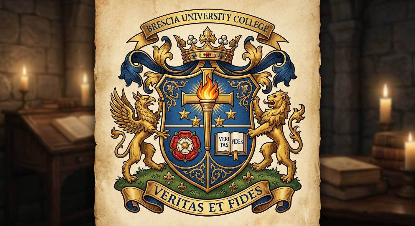 Brescia University College official crest featuring a cross with torch, crown and stars, mystical rose, and open book on a shield, with motto of truth and faith