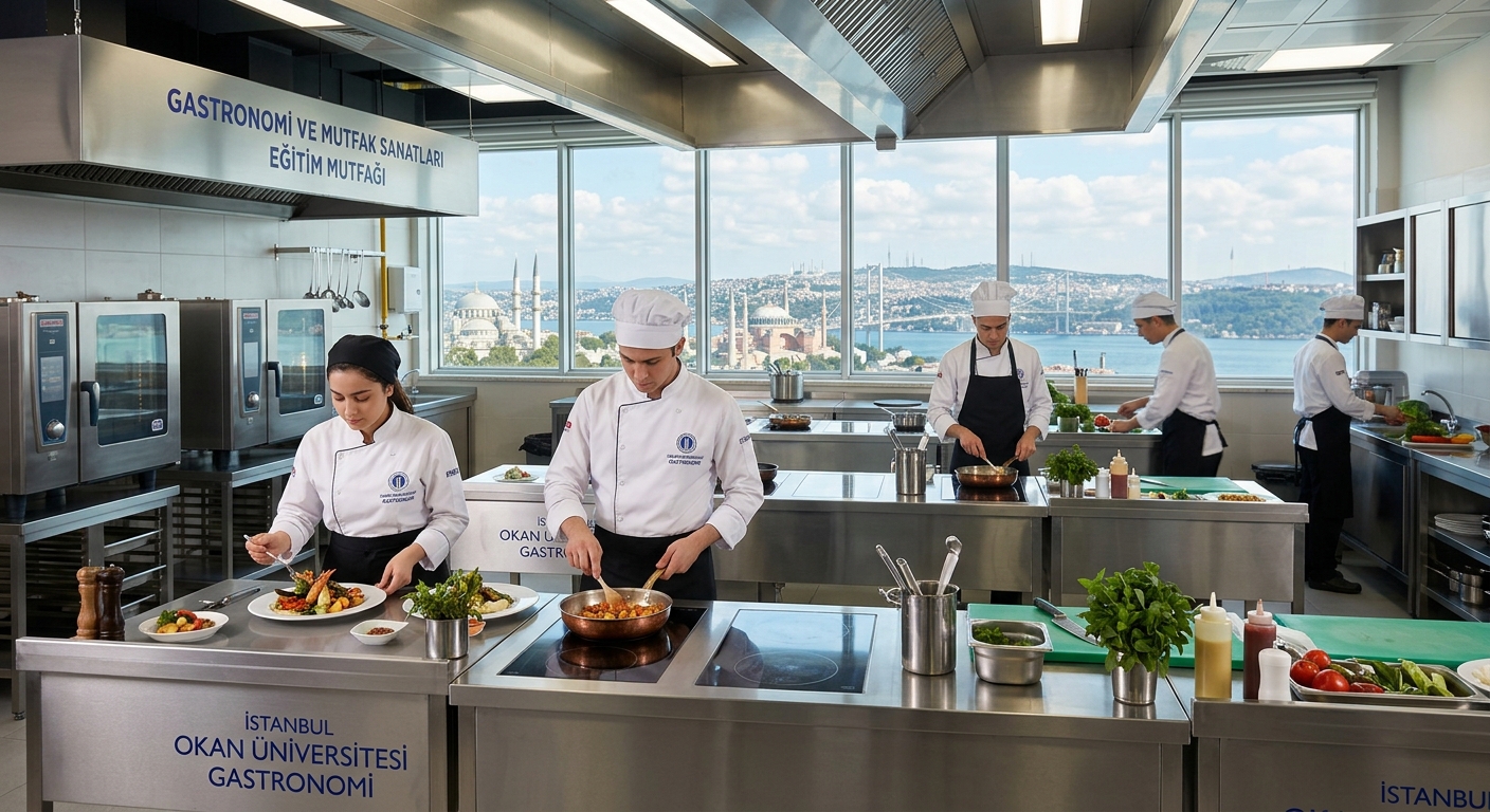 Istanbul Okan University modern campus with professional teaching kitchen and gastronomy facilities, students in chef uniforms preparing dishes, bright contemporary culinary lab setting with Istanbul cityscape visible through windows