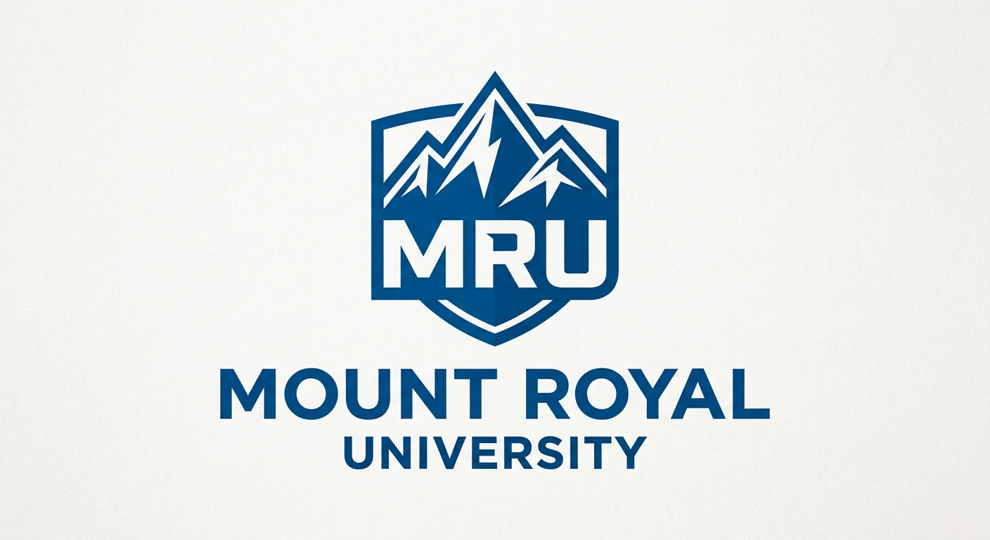 Mount Royal University official logo, blue and white color scheme, stylized mountain peak emblem with MRU text