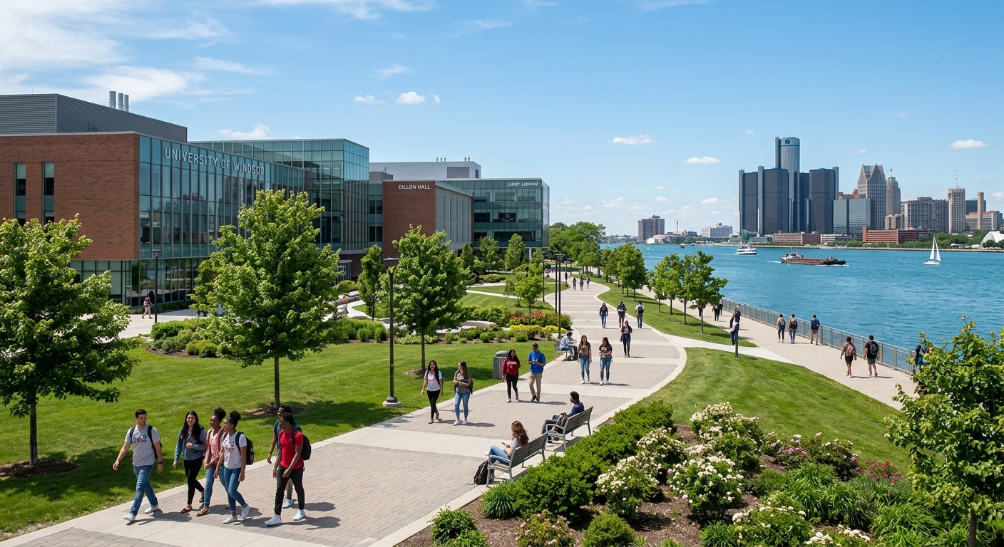 University of Windsor campus in Ontario Canada with modern academic buildings, green lawns, and students walking along pathways near the Detroit River waterfront on a sunny day