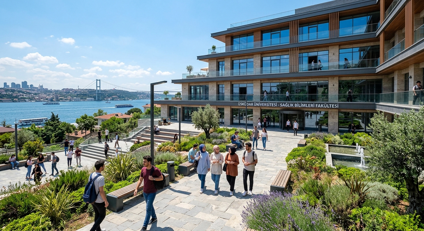 Modern health sciences campus building at Üsküdar University in Istanbul, Turkey, with students walking through a landscaped courtyard, Bosphorus visible in the background, bright daylight