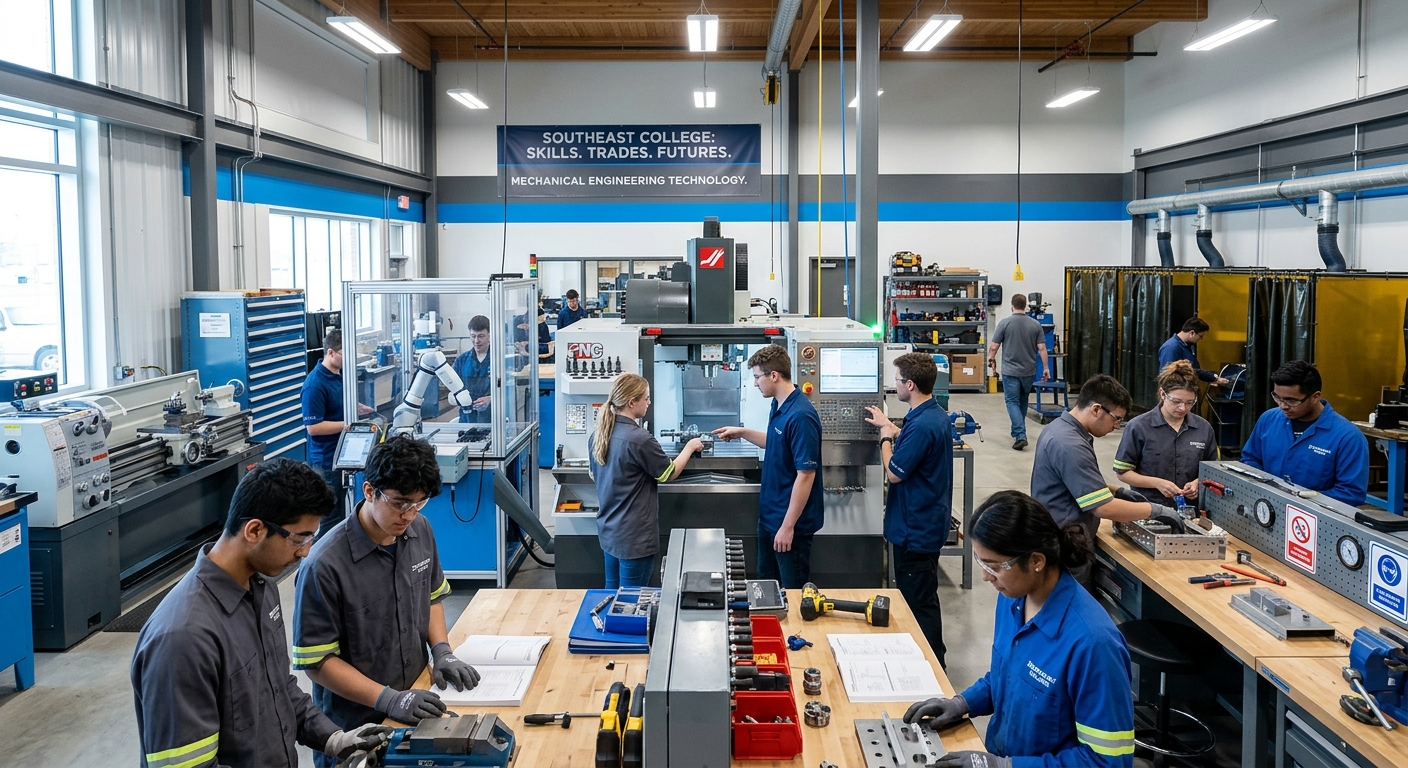 Southeast College classroom interior, students in hands-on trades training workshop, modern equipment, bright lighting, collaborative learning environment