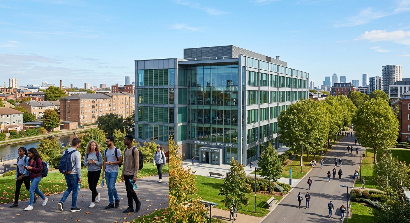 Queen Mary University of London Mile End campus, modern Mathematical Sciences building with glass facade, students walking on tree-lined pathways, East London urban backdrop with clear sky