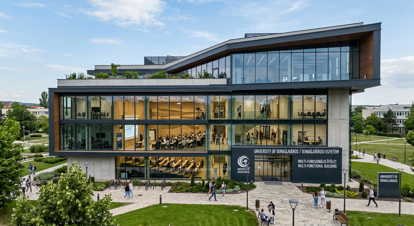 University of Dunaújváros multi-functional building, 4000 square meter modern structure, large glass windows, conference rooms visible, contemporary architecture