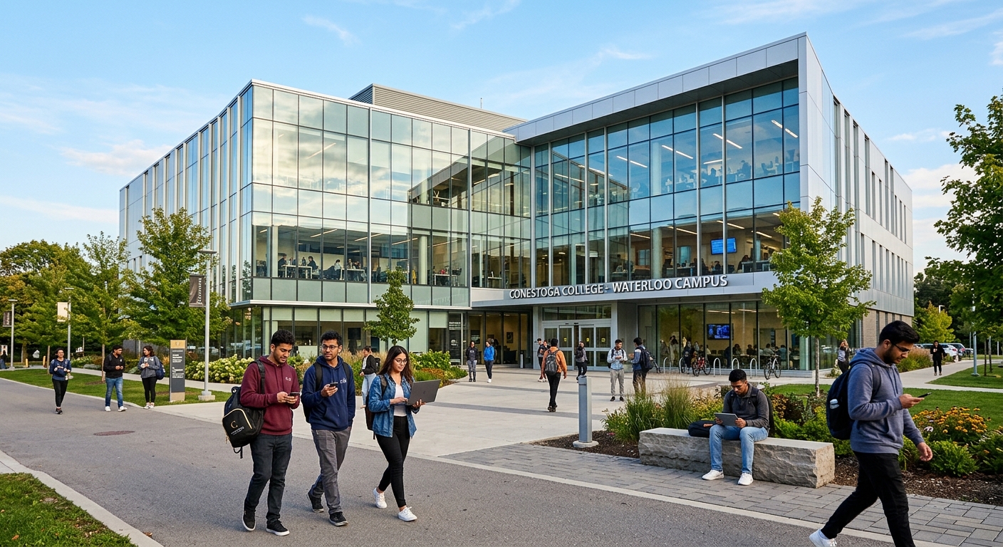 Modern college campus building at Conestoga College Waterloo Ontario, students walking with laptops and mobile devices, glass facade reflecting blue sky, green landscaped grounds, technology-focused learning environment