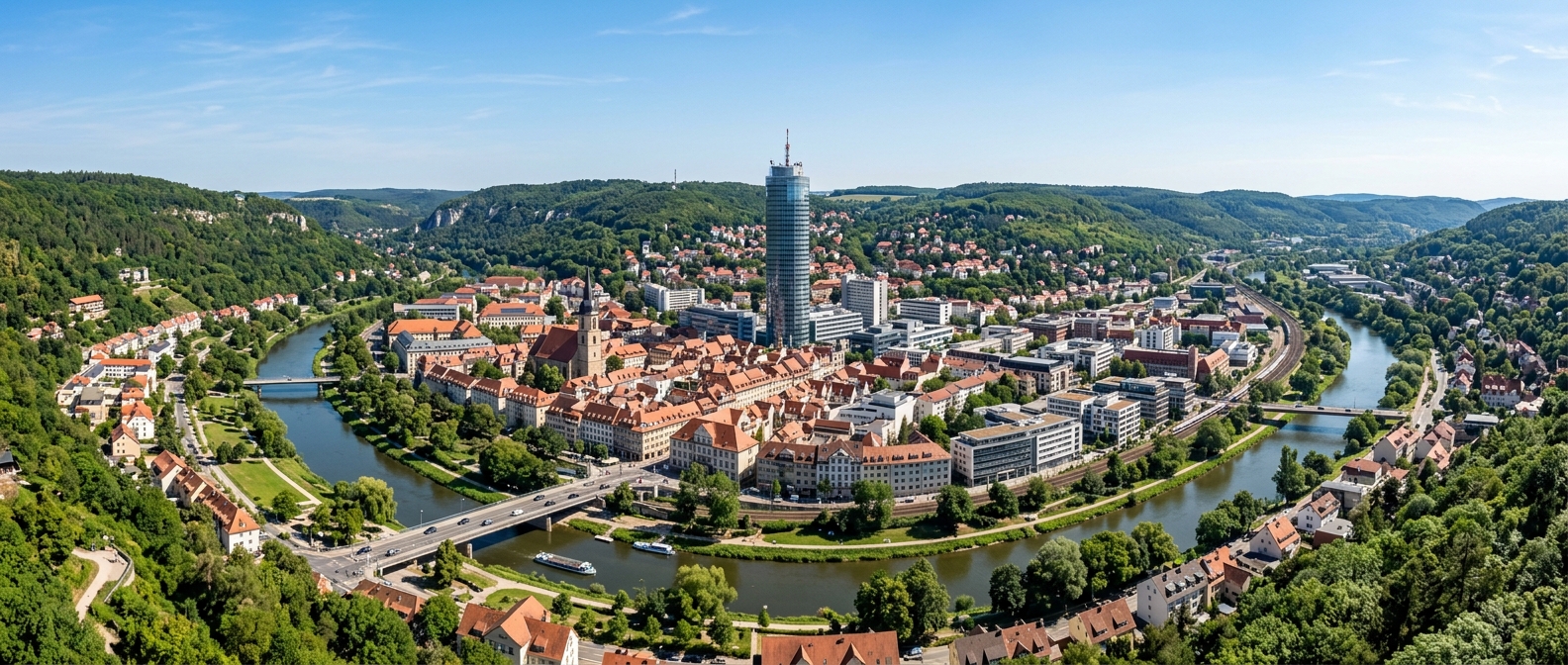 Panoramic view of Jena city in Thuringia Germany, Saale river valley surrounded by green forested hills, JenTower rising above the city center, historic buildings mixed with modern architecture, clear sky