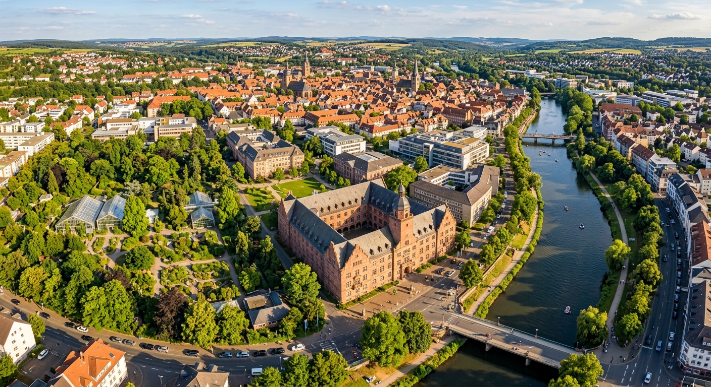 Aerial view of Justus Liebig University Giessen campus area with the historic Zeughaus building, Botanischer Garten, and Giessen cityscape along the Lahn River in Hesse, Germany, warm daylight