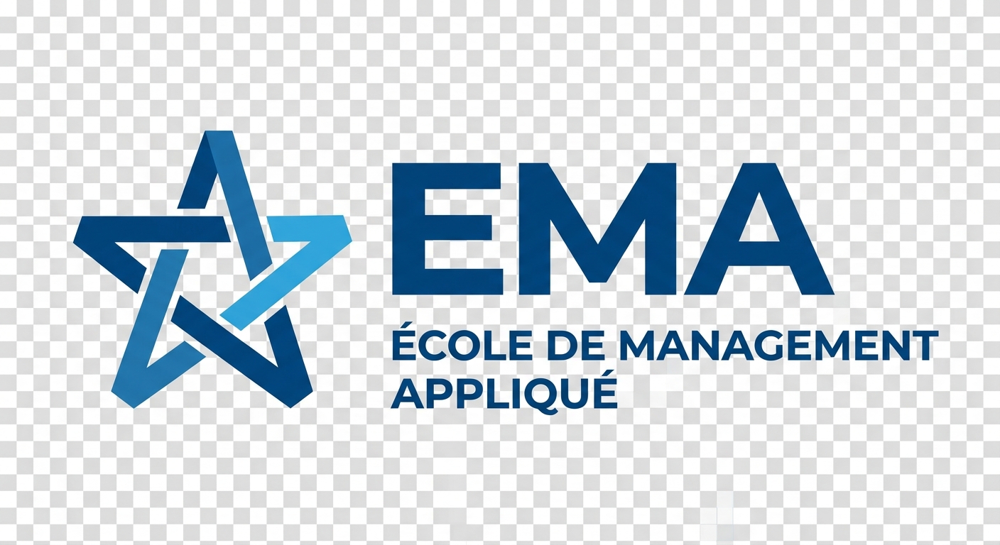 École de Management Appliqué EMA official logo, stylized blue and white text with EMA acronym, clean modern design on transparent background