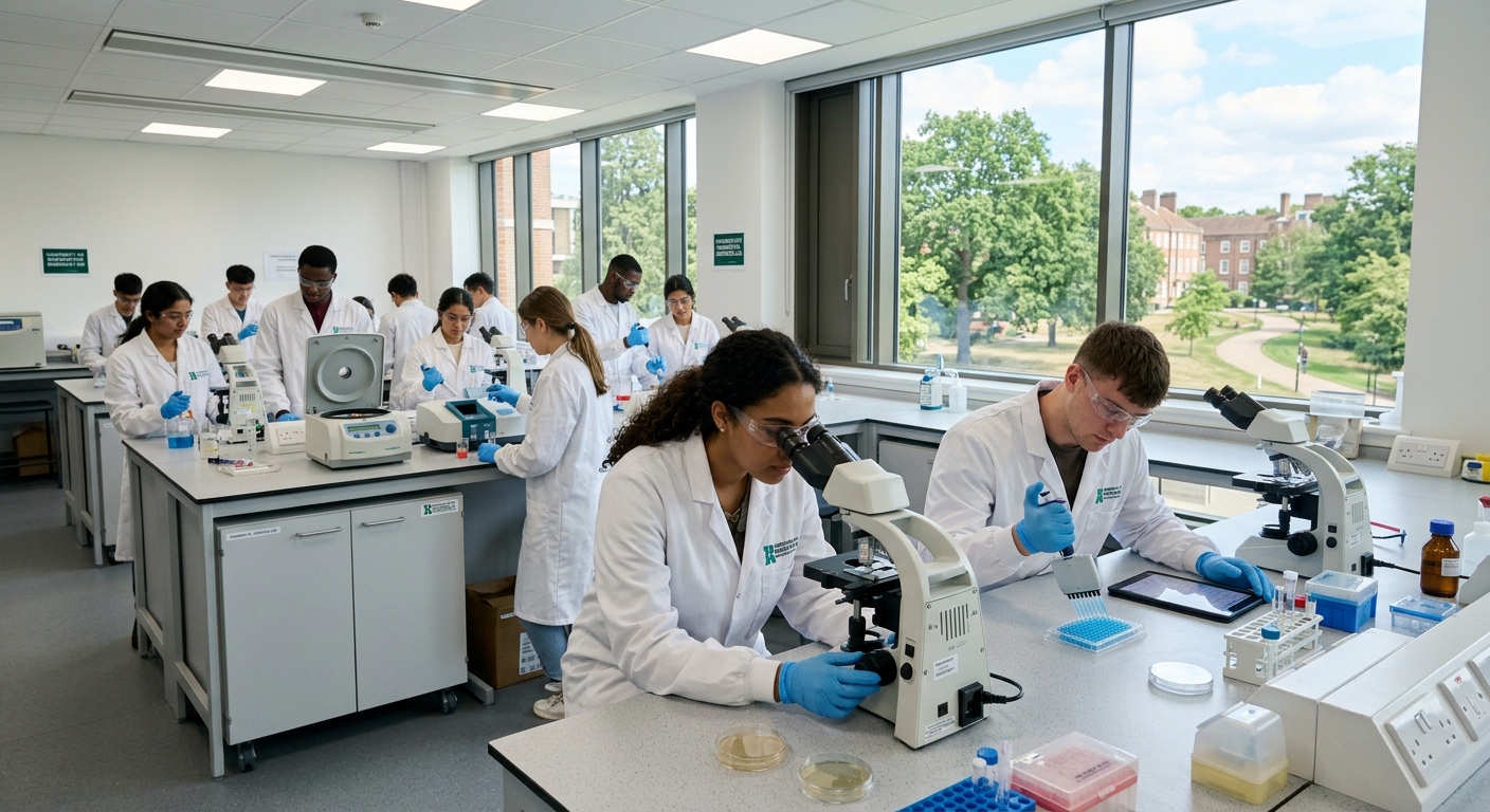 Modern biomedical science laboratory at University of Roehampton with students conducting experiments using microscopes and analytical equipment, bright well-equipped lab space with natural light, southwest London parkland campus visible through windows