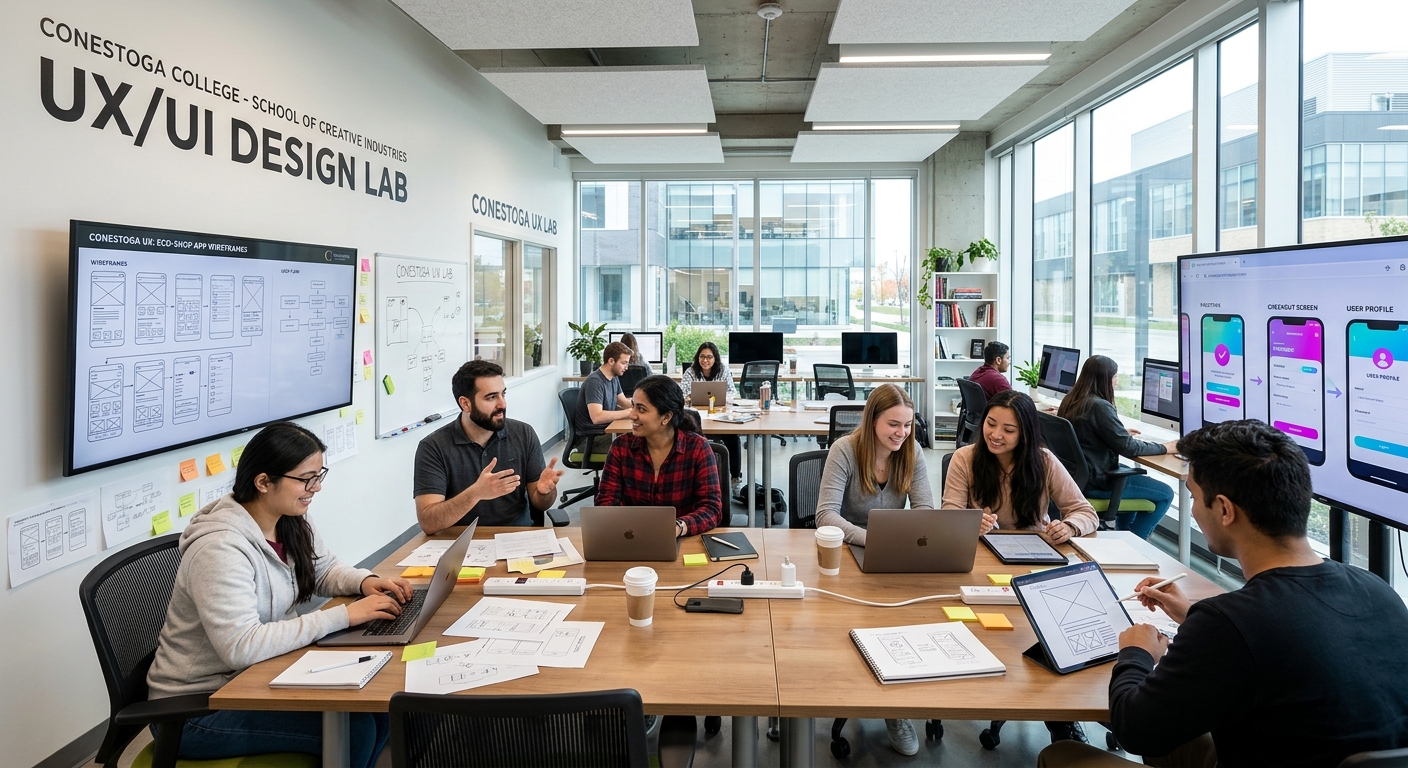 Modern design studio at Conestoga College with students collaborating on UX wireframes and digital prototypes, large monitors displaying user interface designs, bright open workspace with natural light