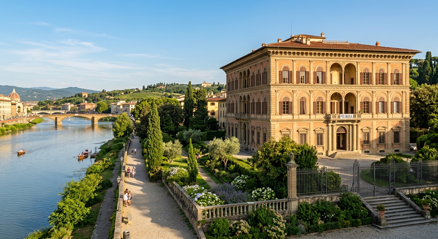 Polimoda Villa Favard campus in Florence Italy, elegant Renaissance-style building with arched windows along the Arno river, lush green gardens, warm Mediterranean sunlight, Tuscan hills in the background