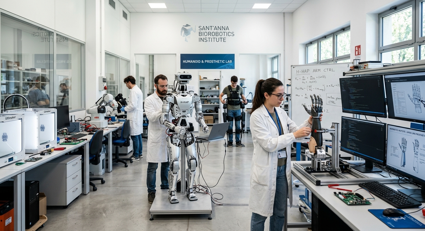 Modern robotics laboratory at Sant'Anna BioRobotics Institute, researchers working with humanoid robots and prosthetic devices, high-tech equipment and clean white lab environment