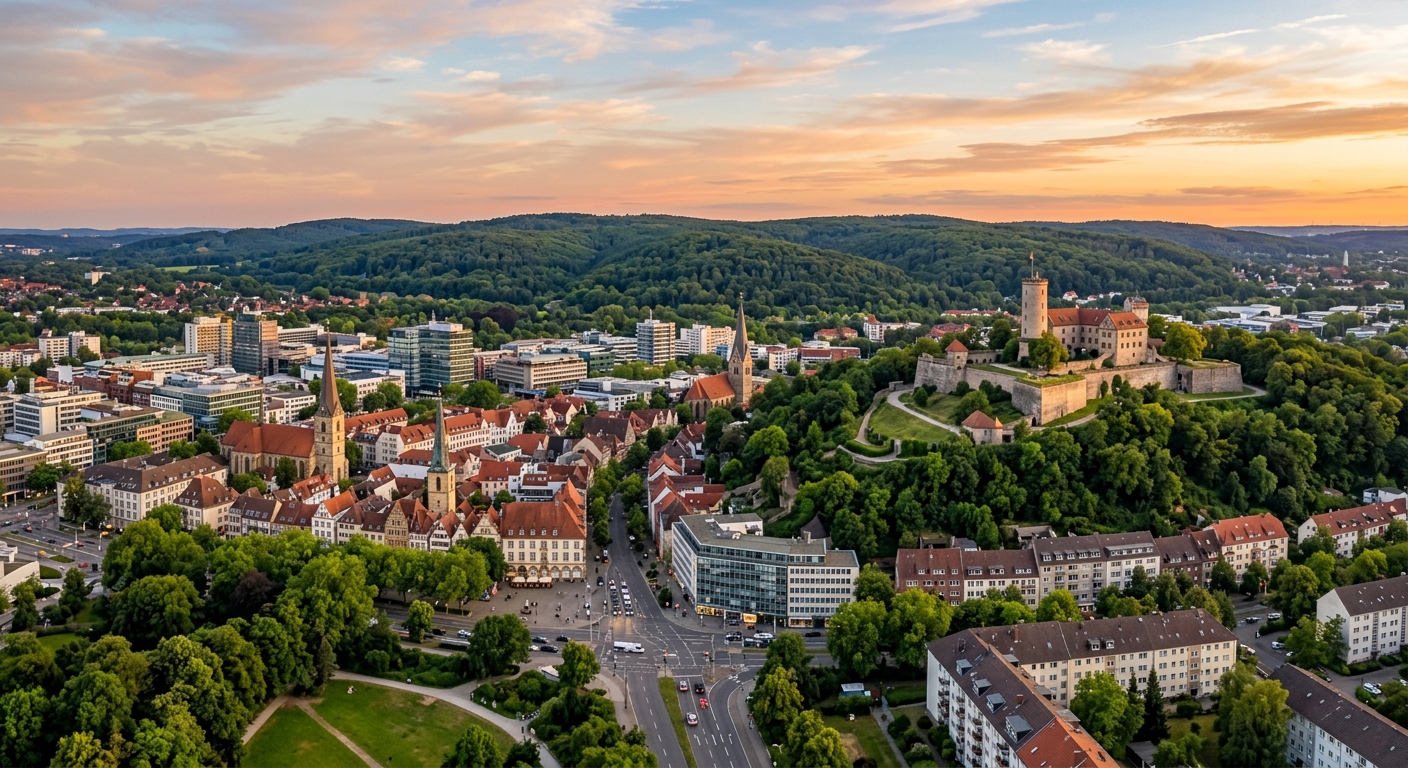 Bielefeld city panorama, Sparrenburg Castle on hilltop, Teutoburg Forest in background, mix of historic and modern buildings, green urban landscape, warm evening light