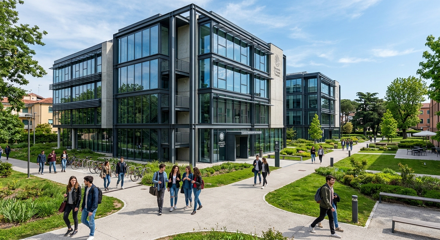 Ca' Foscari Scientific Campus Via Torino Mestre, modern glass and steel laboratory building, green spaces, students walking between buildings