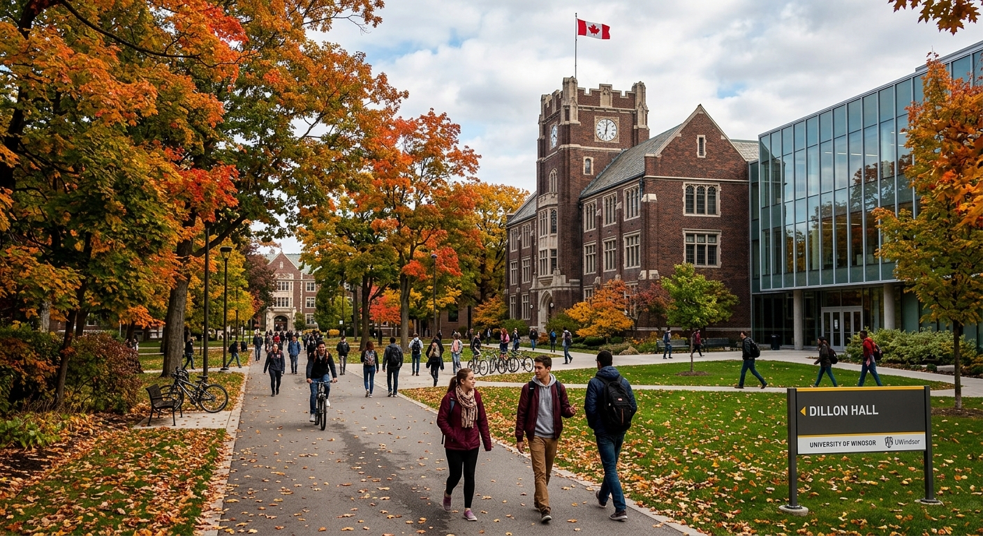 University of Windsor campus in Ontario Canada, historic brick buildings with modern additions, green lawns, students walking along tree-lined pathways, Canadian flag visible, autumn foliage