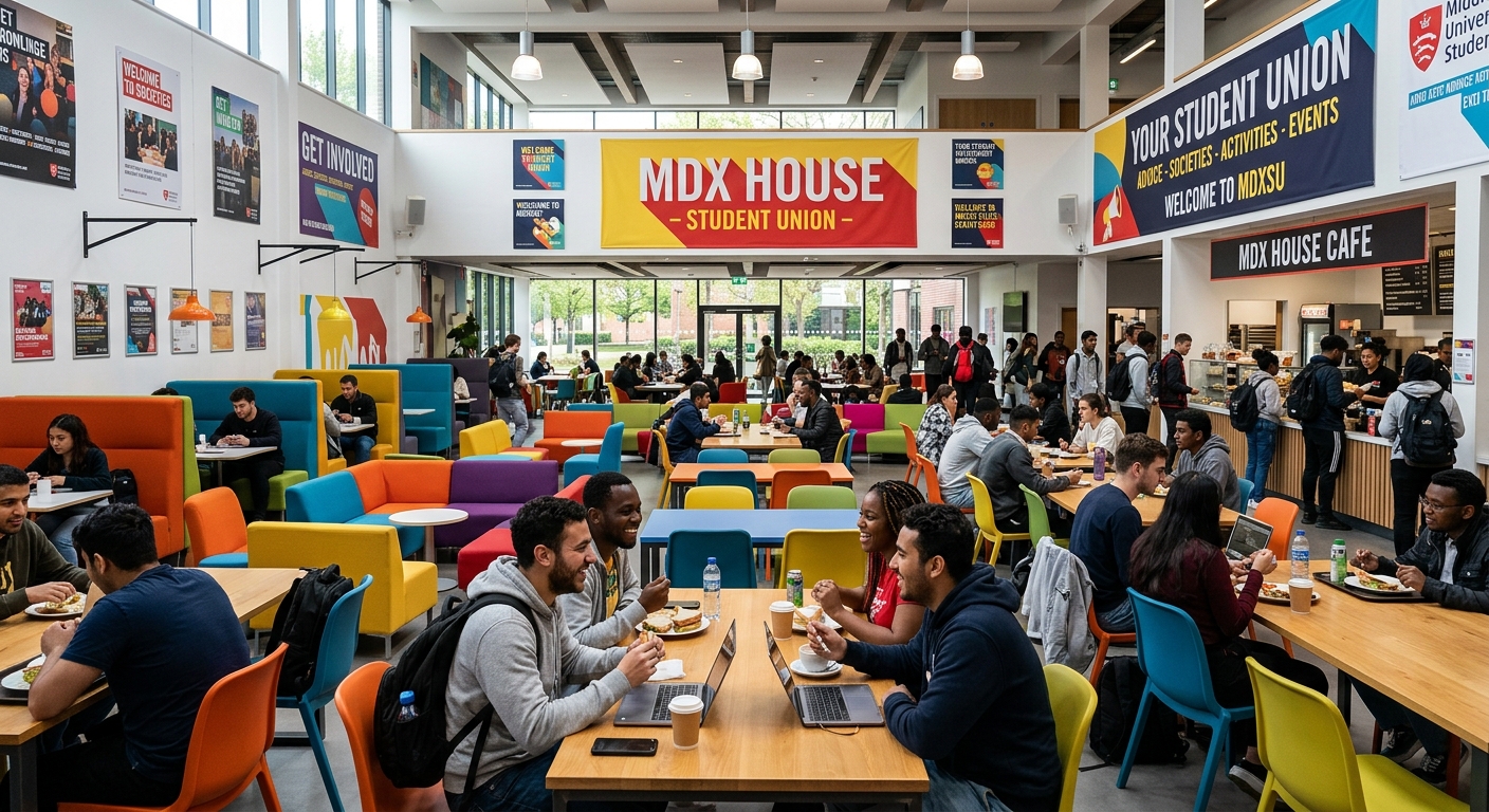MDX House student social space at Middlesex University, open-plan interior with cafe seating, colourful furniture, students socialising and eating, student union banners