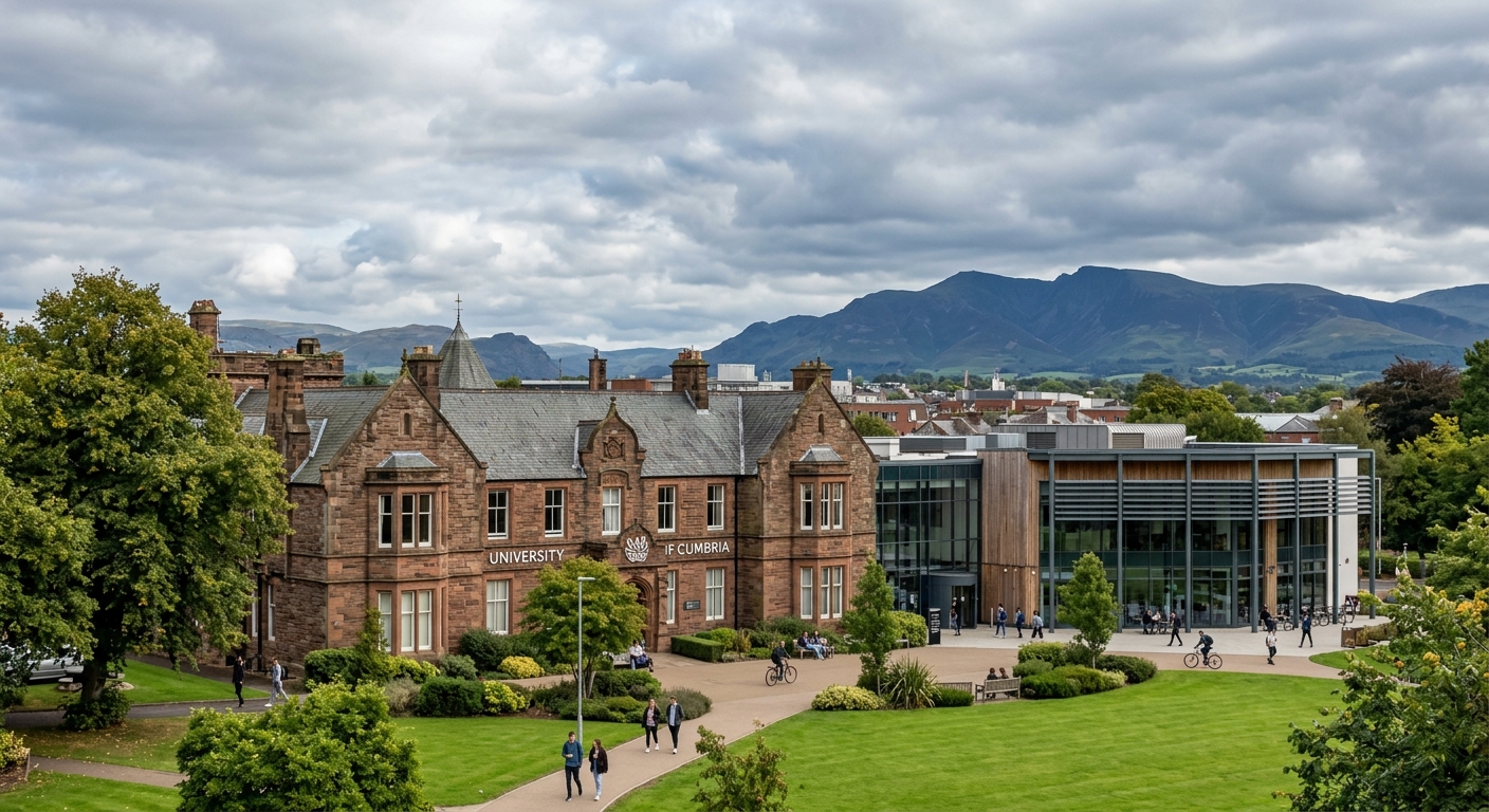 University of Cumbria Fusehill Street campus in Carlisle, historic stone buildings with modern extensions, green lawns, Lake District hills visible in the distance, overcast English sky