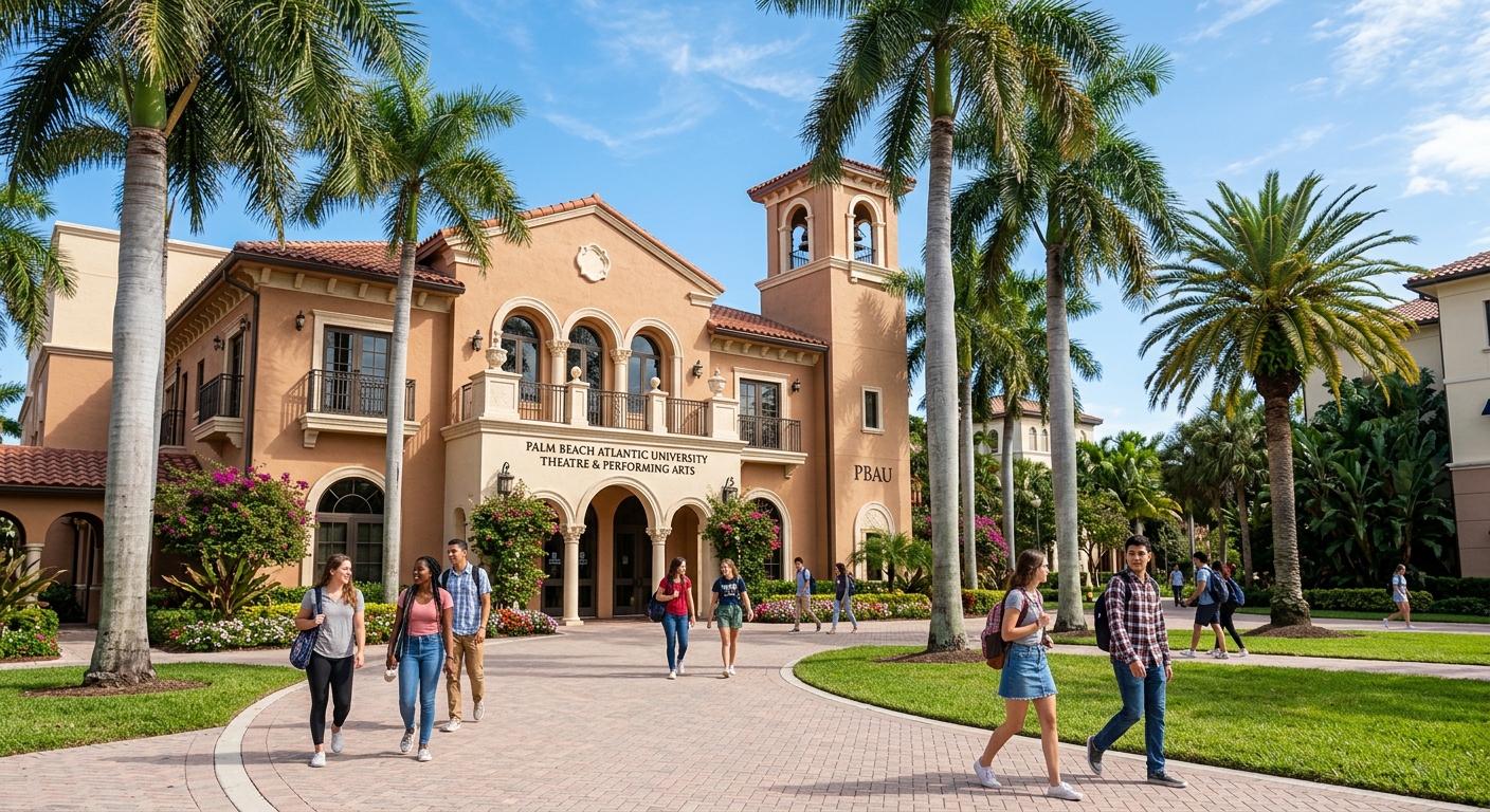 Palm Beach Atlantic University theatre building exterior with palm trees, students walking on a sunny campus in West Palm Beach, Florida, Mediterranean-style architecture with tropical landscaping