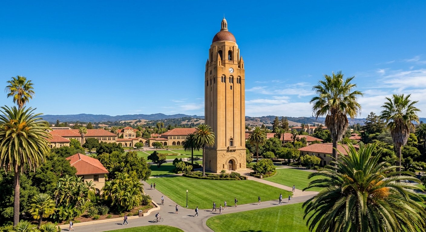 Hoover Tower at Stanford University, tall sandstone observation tower against blue sky, surrounded by green lawns and palm trees, with campus buildings in the distance