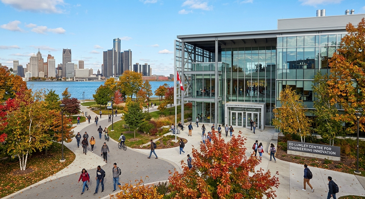 Ed Lumley Centre for Engineering Innovation at University of Windsor, modern glass and steel building with students walking on campus paths, Detroit River visible in background, bright autumn day in Windsor Ontario Canada
