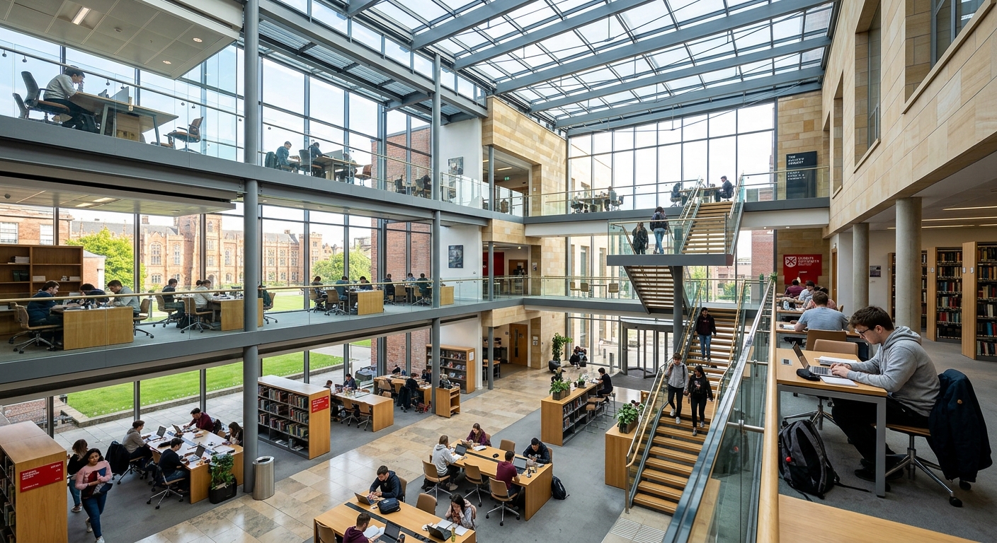 McClay Library at Queen's University Belfast, modern glass and stone building, multi-storey atrium with natural light, students studying at desks, contemporary architecture