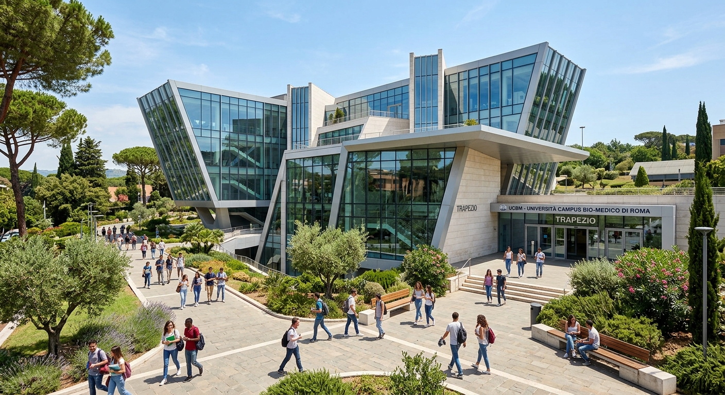 Modern Trapezio teaching building at UCBM campus, angular contemporary architecture with glass facades, students walking along pathways, Mediterranean vegetation, bright daylight
