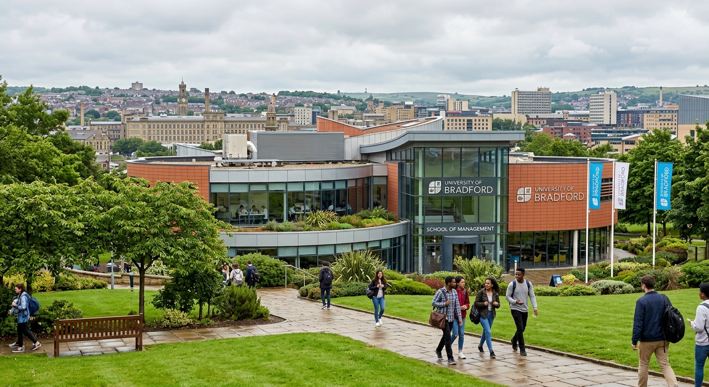 University of Bradford School of Management building exterior with modern architecture, green campus grounds, students walking with backpacks, Bradford cityscape in background, overcast British sky