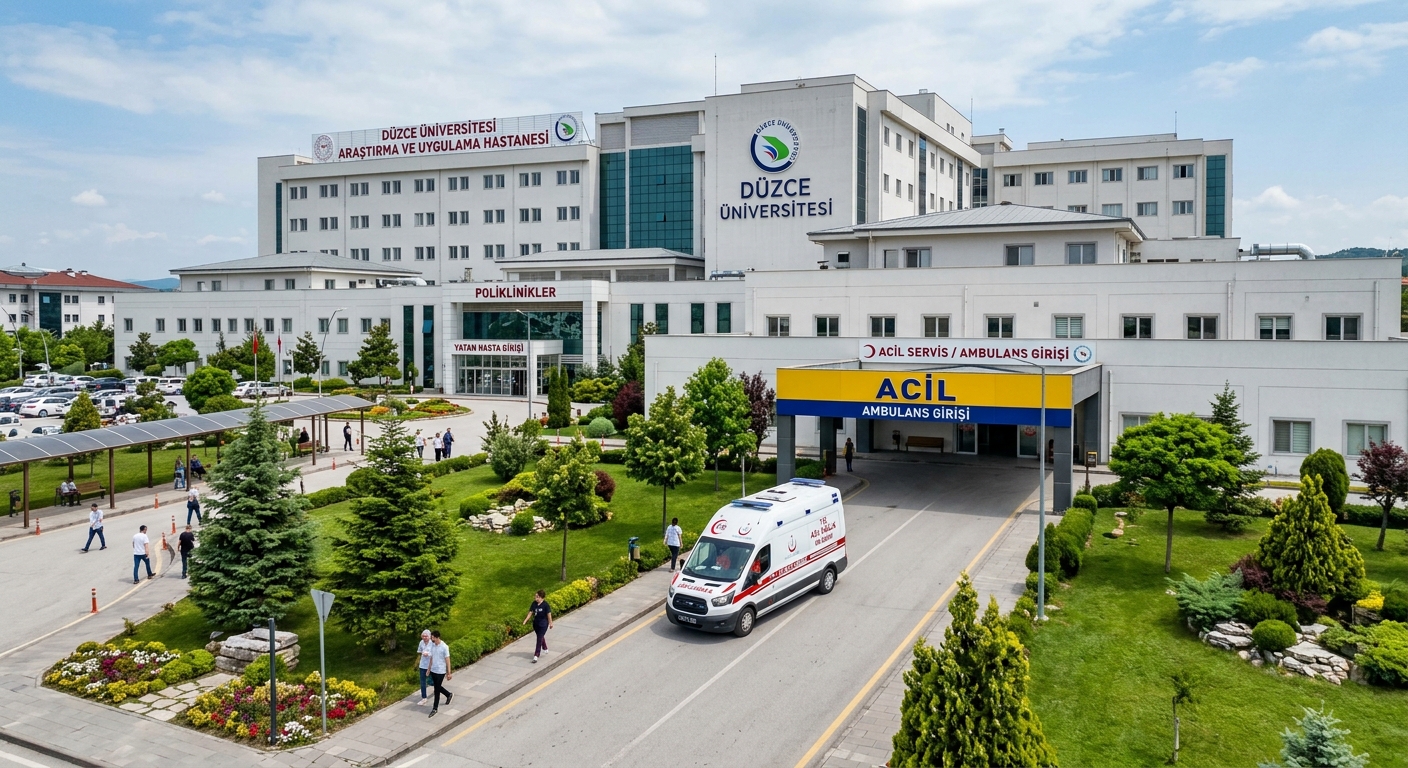 Düzce University Research and Application Hospital, large white medical complex, ambulance entrance, landscaped gardens