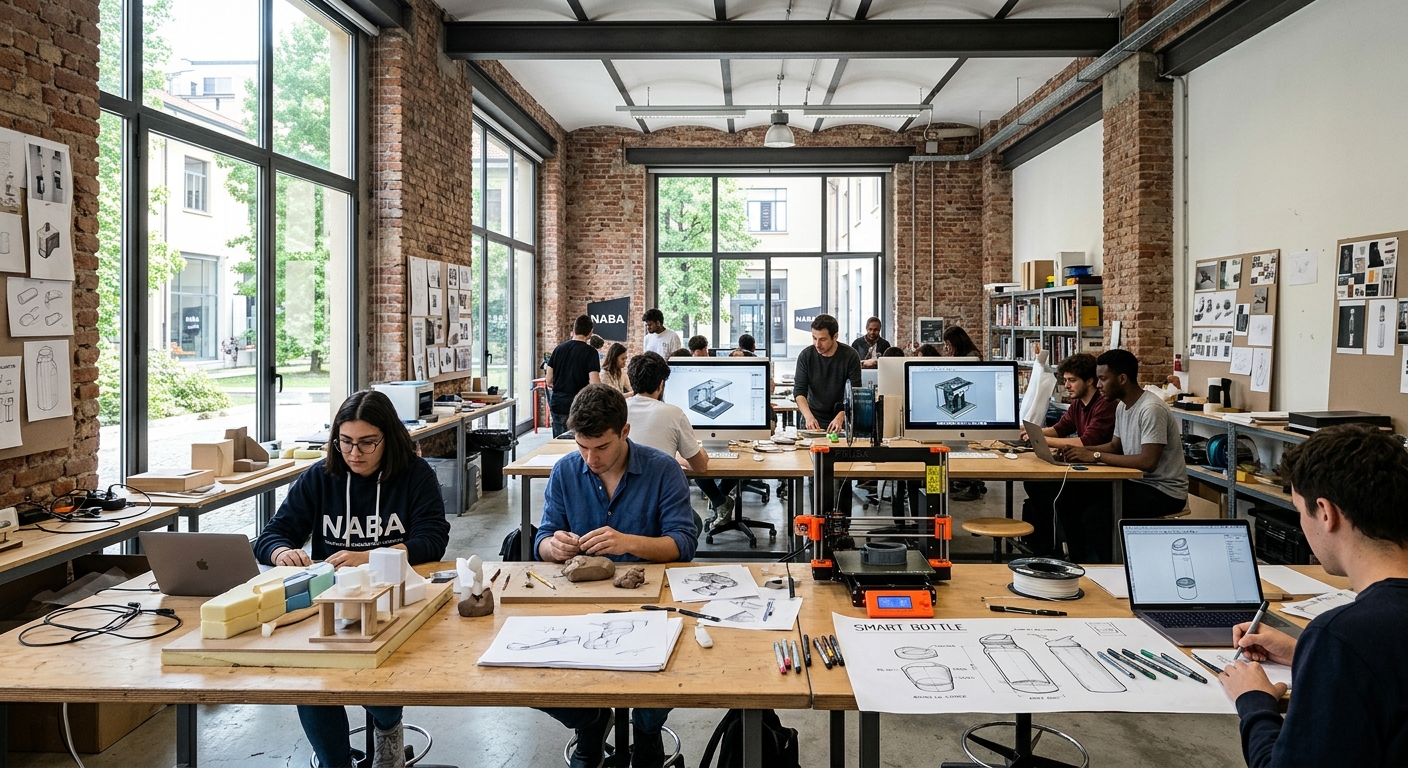Modern design studio at NABA Milan campus with students working on product prototypes, 3D models and sketches on large tables, bright industrial interior with exposed brick and natural light