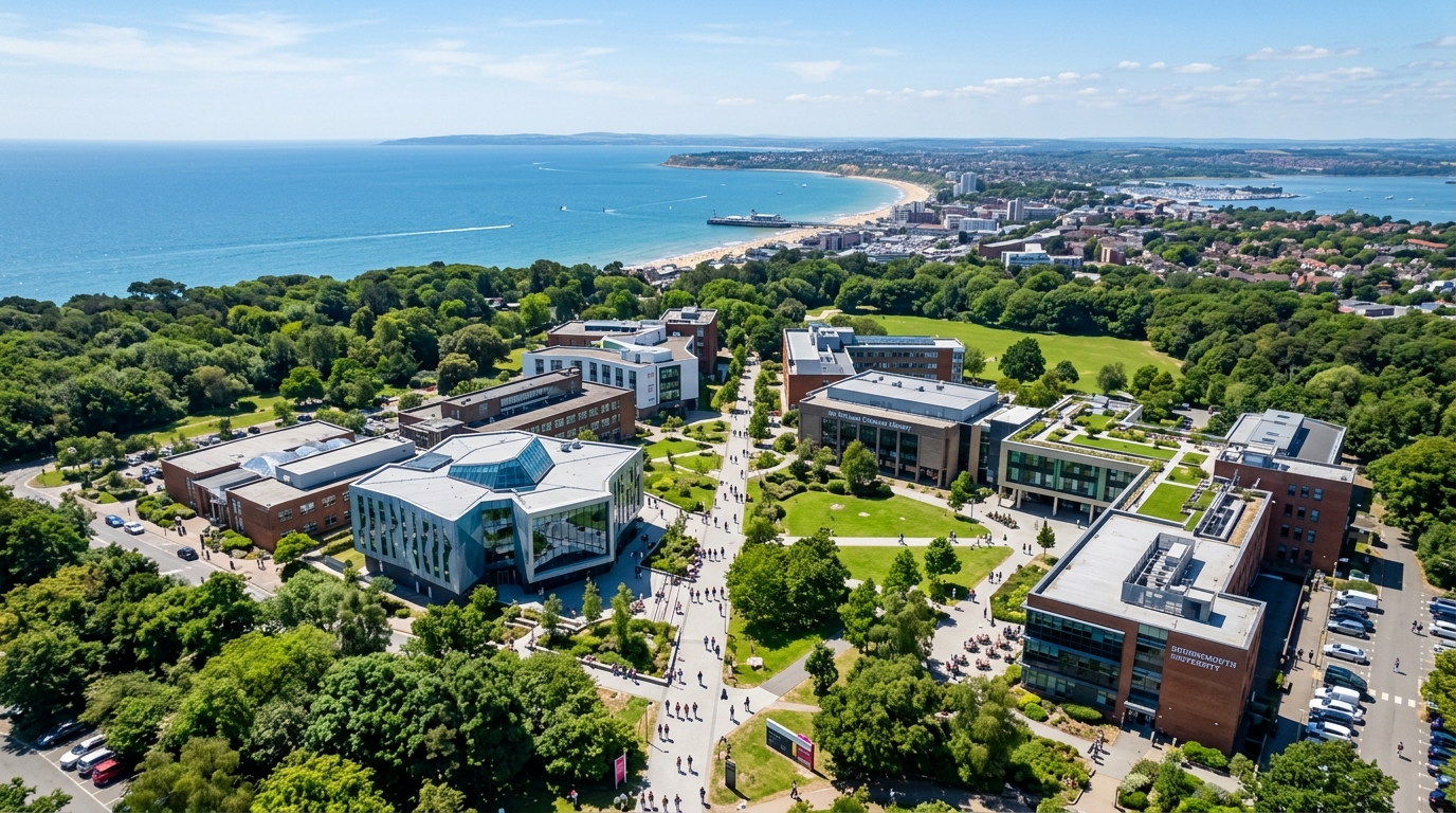 Aerial view of Bournemouth University Talbot Campus with modern academic buildings surrounded by green parkland, students walking between facilities, the Dorset coastline visible in the background under clear blue skies