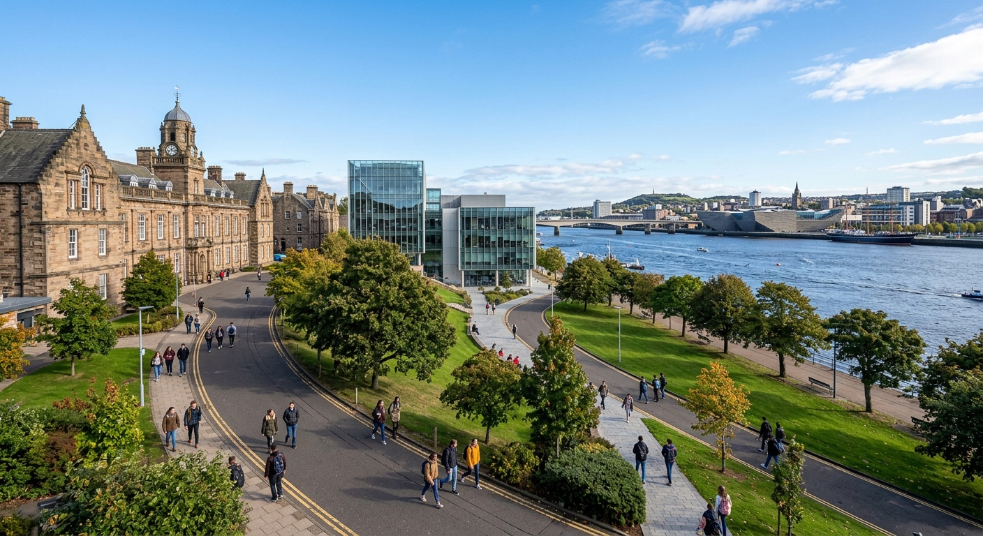 University of Dundee campus with historic stone buildings and modern facilities beside the River Tay, students walking along tree-lined paths under a clear Scottish sky, Dundee city skyline visible in the background