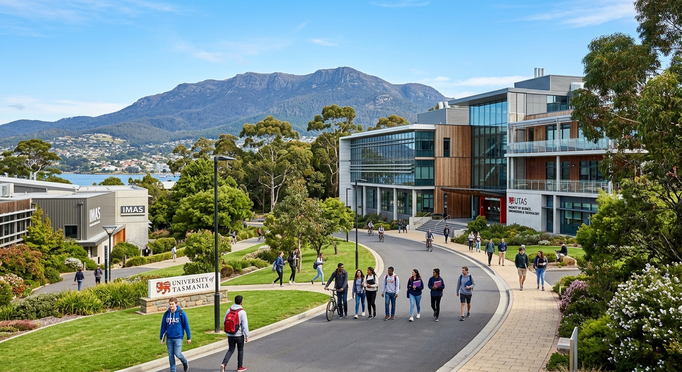 University of Tasmania campus in Hobart with modern science and engineering buildings, lush green surroundings, students walking along pathways with Mount Wellington in the background, clear blue sky