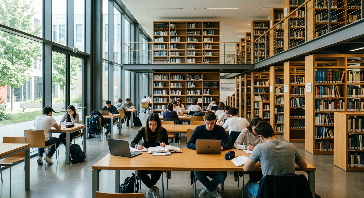 San Raffaele University library interior with students studying, open bookshelves, modern reading areas, natural light streaming through windows, quiet academic atmosphere