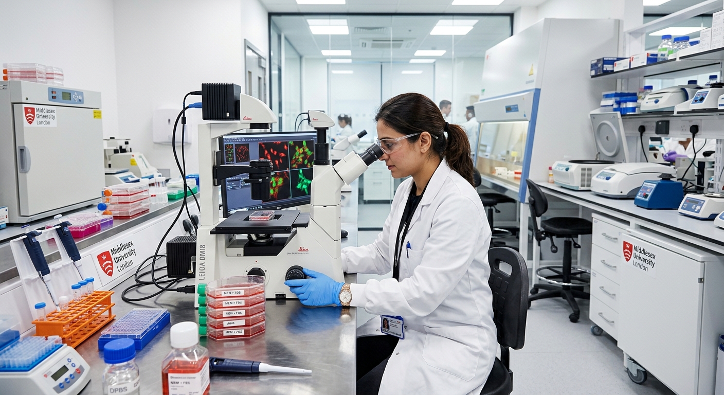 Modern biomedical research laboratory at Middlesex University Hendon campus, researcher in white lab coat using microscope, cancer cell cultures visible, bright clinical lighting with advanced scientific equipment