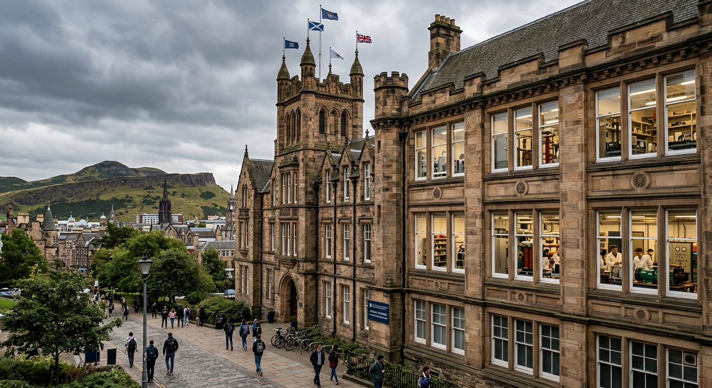 University of Edinburgh School of Engineering building with historic sandstone architecture, electrical power engineering laboratory equipment visible through windows, Edinburgh skyline with Arthur's Seat in background, overcast Scottish sky