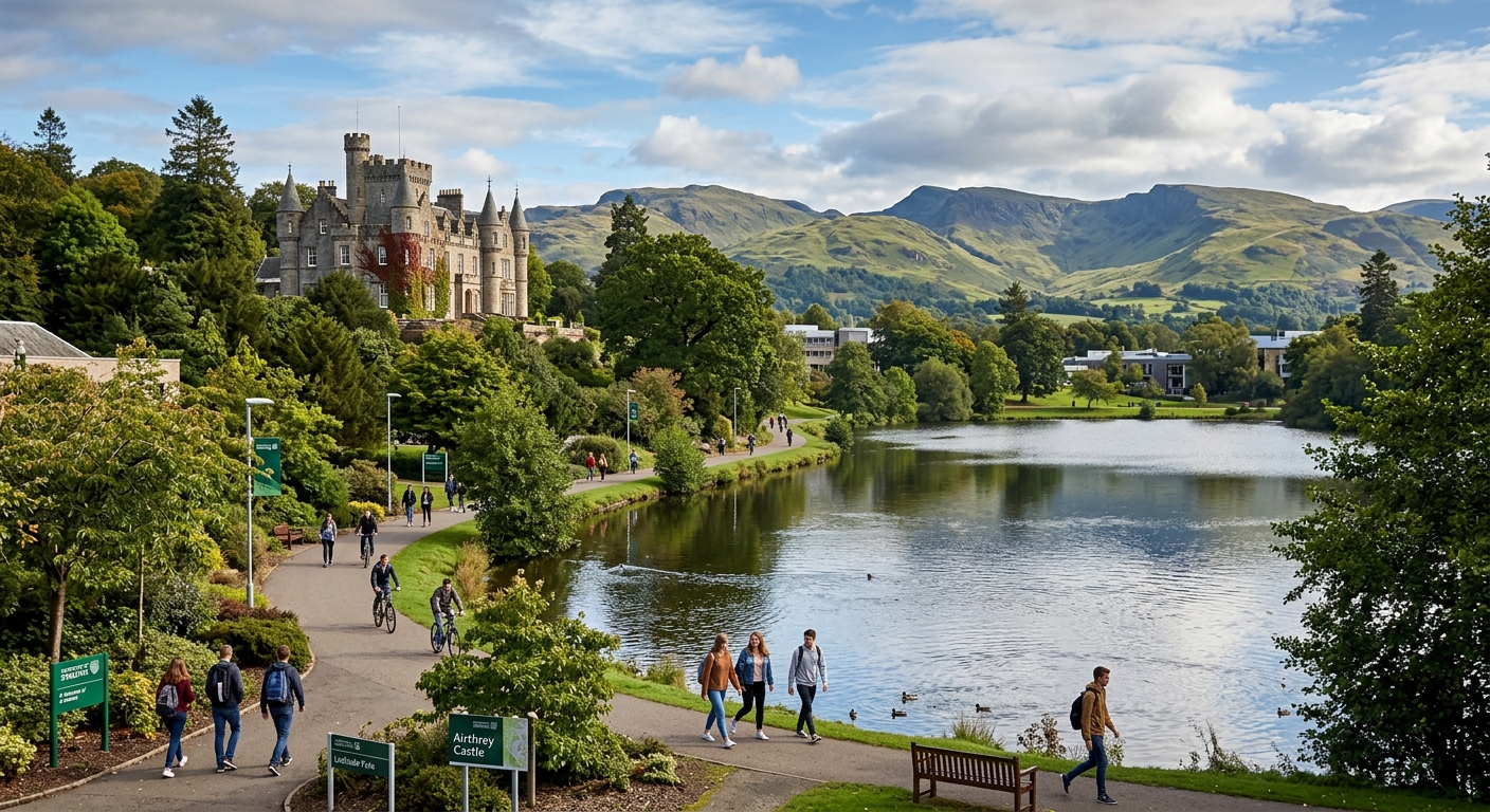 University of Stirling campus with historic Airthrey Castle surrounded by lush Scottish highlands, students walking along pathways near Airthrey Loch with rolling green hills in the background