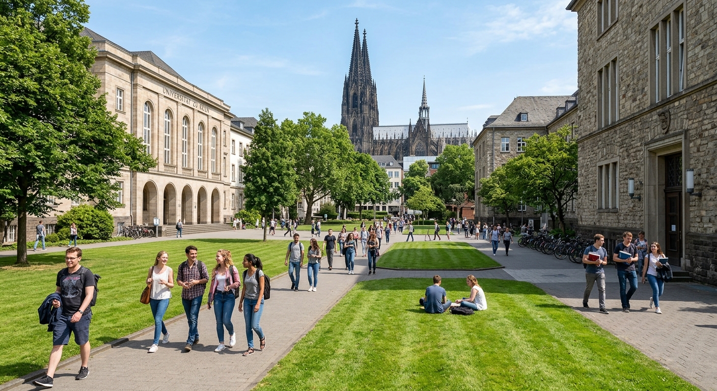 Modern university campus of the University of Cologne with historic stone buildings, green lawns, students walking between lecture halls, Cologne Cathedral visible in the background, bright daylight