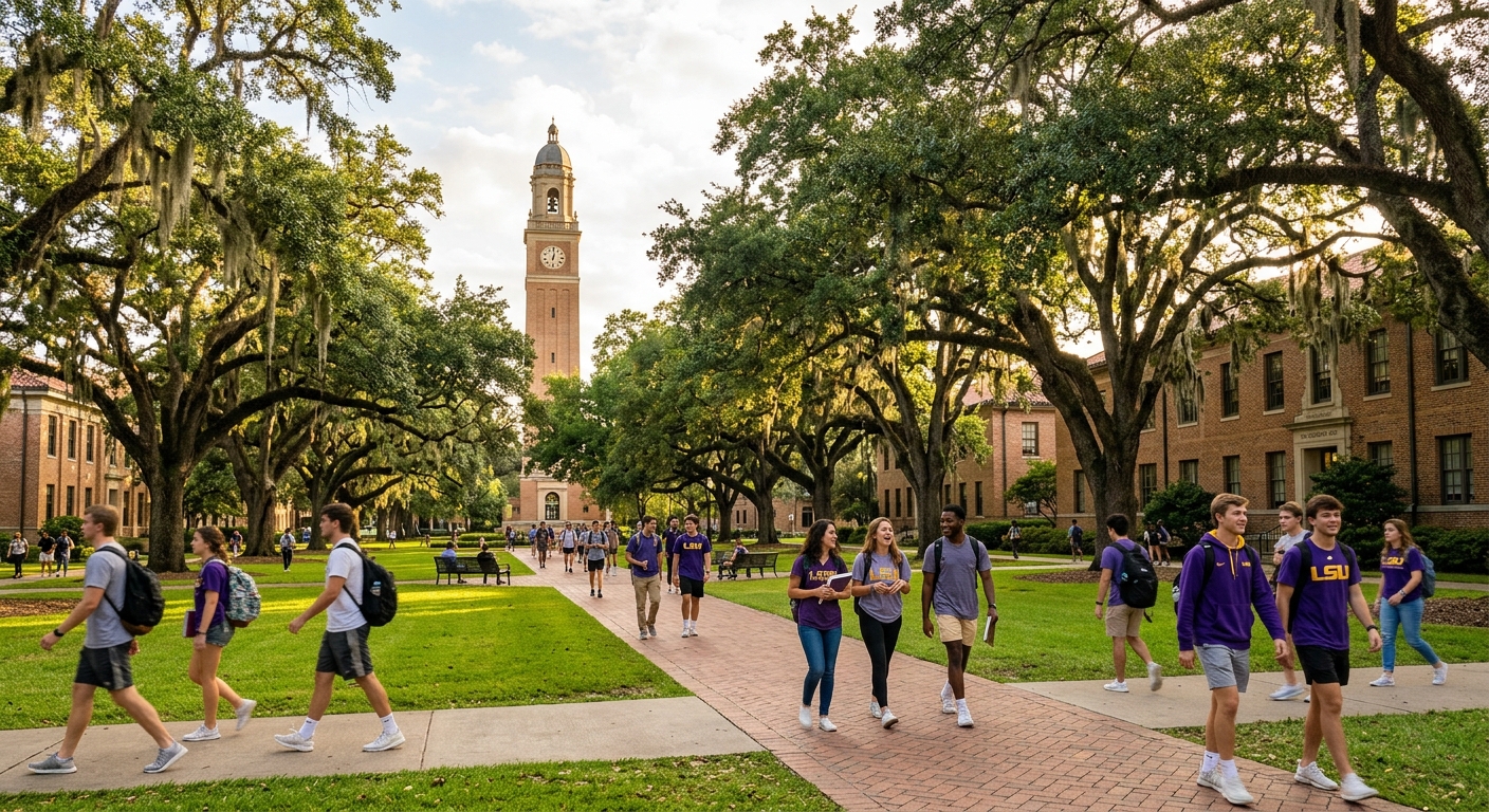 Louisiana State University Baton Rouge campus with iconic Memorial Tower, live oak trees lining the quad, students walking to science buildings, warm Southern sunlight